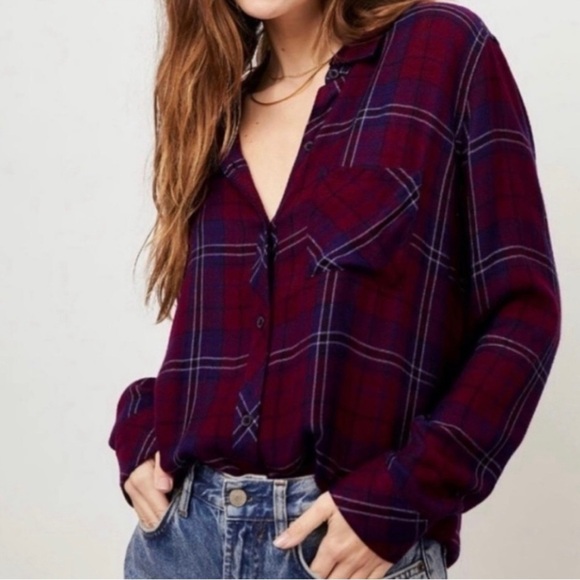 Rails Dylan Button Down Flannel In Oxblood/Navy Size M - Picture 2 of 12